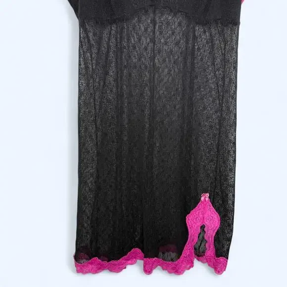Y2K Candie’s Sheer Black Lace Slip Dress Sz L Pink Trim Lingerie Nightie - Picture 3 of 7